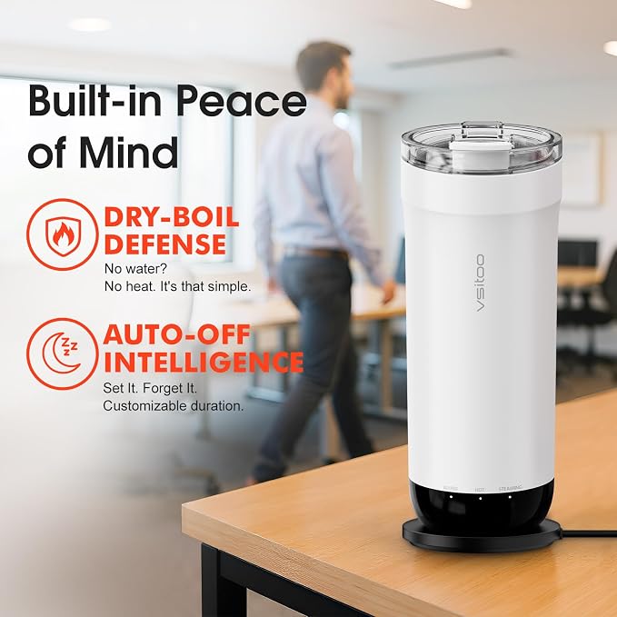 Vsitoo S5 Self Heating Travel Mug 16oz, Rechargeable Coffee Mug with Car Charger Kit, AI Auto-Sensing Temp Control Heated Cup for Home Office Car, App Control, Gift Women Men - White