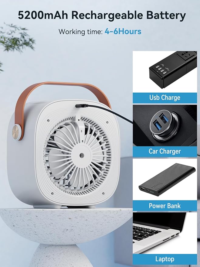 Portable Air Conditioner -5200mAh Rechargeable Mini Air Conditioner with 3 Speed Settings, 5-10 Hours Runtime,Quiet Desk Cooling Fan, Personal Air Cooler for Home, Bedroom, Travel, Office, Outdoor