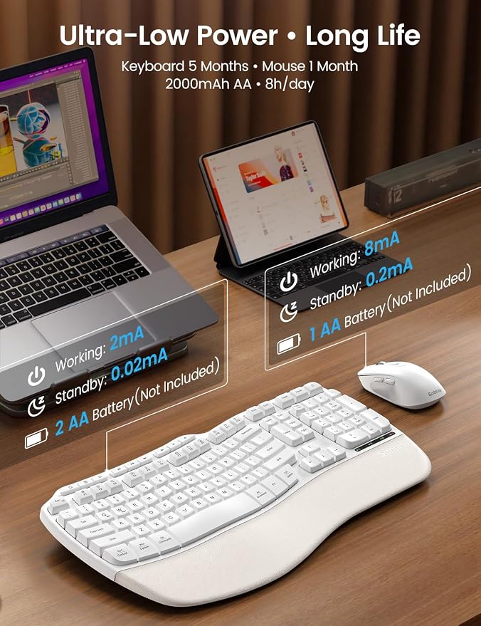 White Ergonomic Wireless Keyboard and Mouse Combo, 2.4G Full Size Ergo Wave Key Board with Cushioned Plam Rest, Natural Typing, 3 DPI Adjustable Silent Mouse for Computer/Laptop/Windows/Mac - Sablute