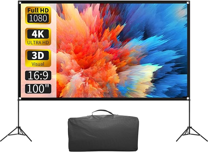 VISULAPEX Projector Screen with Stand 100 Inch, 16:9 4K HD Portable Projector Screen Indoor Outdoor, Foldable Wrinkle-Free Movie Screen 160° Front Rear Projection Screen with Carry Bag for Home Movie