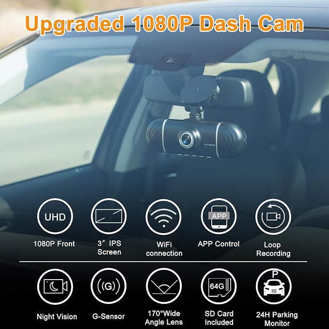 4 Channel 1080P Dash Cam Front Rear Left Right, 170° Wide Angle Car Camera with 5GHz WiFi App Control, Super Night Vision, 24H Parking Monitor, G-Sensor, Loop Recording, 64GB SD Card Included