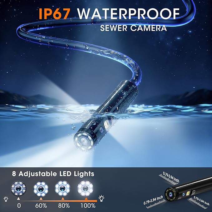 Endoscope Camera with Light, 5" IPS 1920P HD Borescope with Triple Lens, Inspection Borescope with 16.4FT Semi-Rigid Snake Cable and 32GB Card, IP67 Waterproof Drain Camera for Sewer/Pipe/Automotive