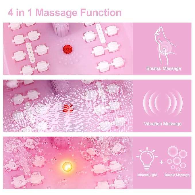 MoodRelish Foot Spa Bath Massager with Heat Bubbles and Vibration Massage and Jets, 16 OZ Calming Lavender Foot Soak Epsom Salt, Foot Soaker with Red Light, 22 Massage Rollers, Adjustable Temp - Pink
