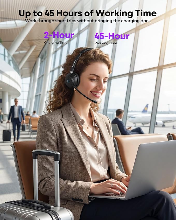 Wireless Headset with Mic for Work-Bluetooth Over Ear Headphones with Microphone,Noise Cancelling with Mute & USB Dongle for Computer/Phones/Remote Work/Call Center,Lightweight All Day Comfort