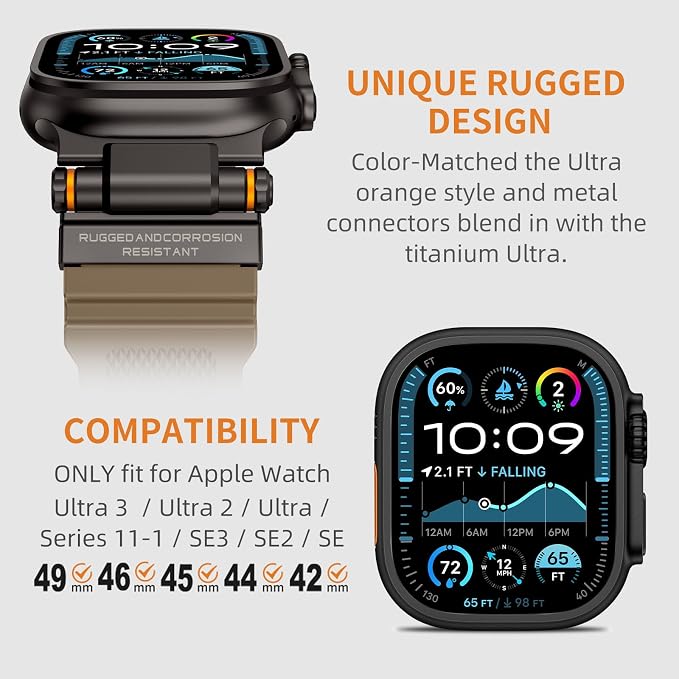FOAMUNOC Rugged Band Compatible with Apple Watch Ultra 3/2/1 Band 49mm/46mm/45mm/44mm/42mm, Metal Connector with Strap for iWatch Ultra Series 11/10/9/8/7/6/SE3/SE2/SE/5/4/3/2/1, Desert Tan/Black