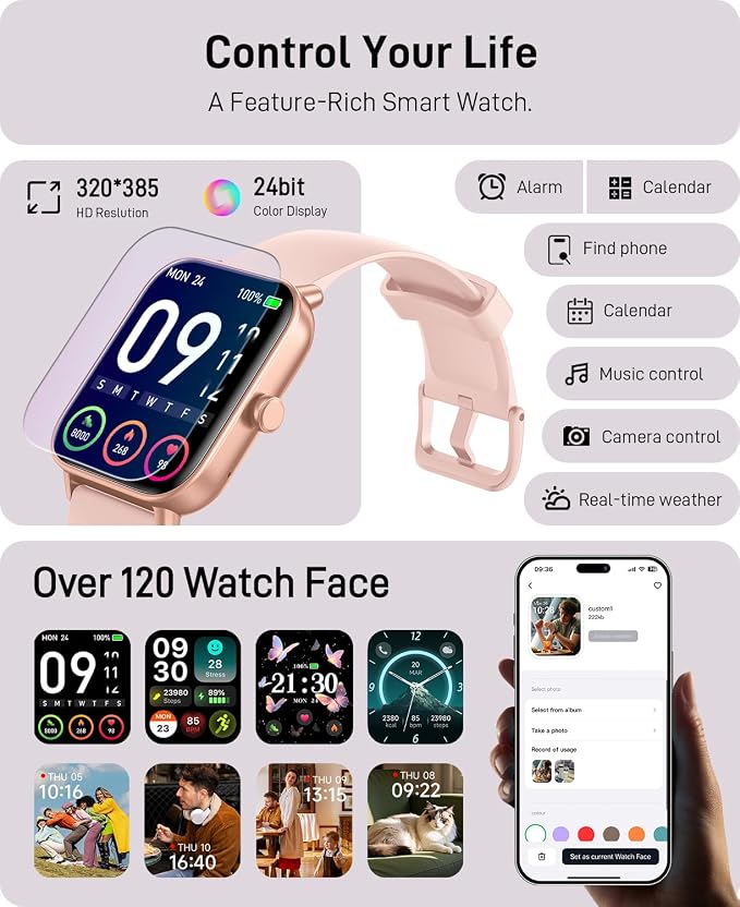 Hingso Smart Watches for Women, 1.85" Fitness Tracker for Android & iPhone | Bluetooth Call & Text Alert, Alexa Built-in, 24/7 Heart Rate/SpO2/Sleep/Cycles Monitor, 120+ Sports, IP68 Waterproof, 2 Bands