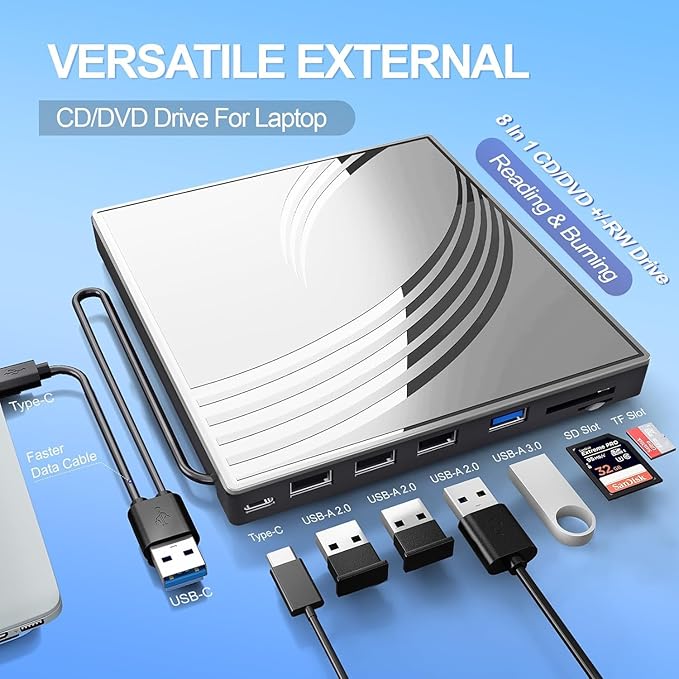 BPAKDU External CD/DVD Drive for Laptop with Carrying Case,DVD Player for Laptop,Portable CD Burner with 4 USB Ports, 2 TF/SD Card Slots,CD Disk Drive Player Reader Write