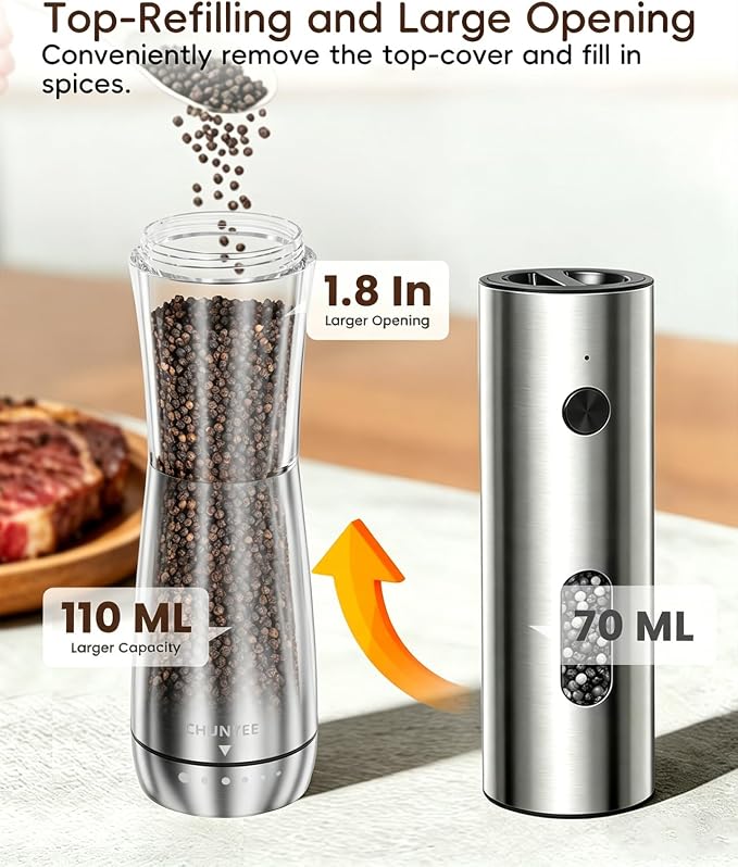 Electric Salt and Pepper Grinder Set - Automatic Stainless Steel Rechargeable Salt and Pepper Grinder Set with Storage Base, Large Capacity, LED Light & Adjustable Coarseness, Ideal Kitchen Gadget