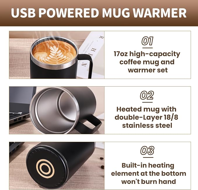 Smart Temperature Control Coffee Mug for Desk,Heated Cup with 10Hrs Auto Shut Off, USB Powered Mug Warmer Set (17oz-Black)