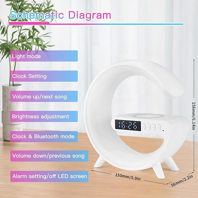 Mini Smart LED Table Lamp, 4-in-1 Wireless Charger, Wireless Charger with Speaker,Night Light, Alarm Clock, and Bluetooth Speaker for Bedroom and Home Decor (White)