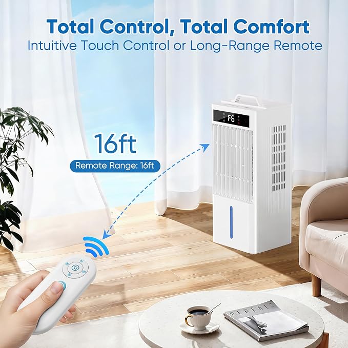 Portable Air Conditioners Fan, Windowless Evaporative Air Cooler 2 Modes & 6 Speeds, 12H Timer for Smart Auto-off, 3-Gals Tank for 20H Cooling,16FT Remote,No Hose Needed,38db Swamp Cooler