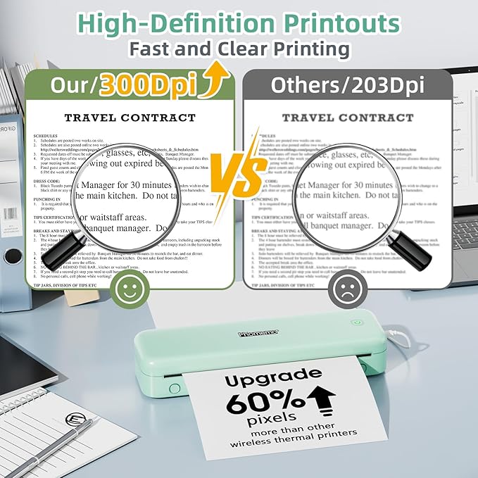 Phomemo M834 Portable Printer, Wireless Bluetooth Thermal Printer, Support Multi-Size Thermal Paper, Compatible with iOS, Android & PC, Mobile Printers for Travel, Office, School, Green
