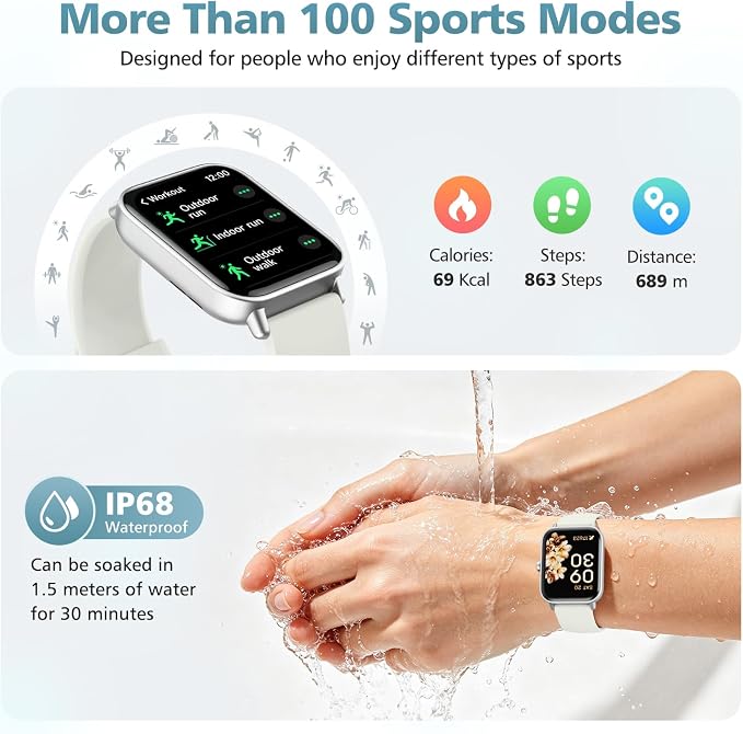 Smart Watch for Women Men, 1.85" Alexa Fitness Tracker with Call & SMS, Heart Rate, SpO2, Stress & Sleep Monitor, IP68 Waterproof Smartwatch for Android iPhone Samsung etc., 100+ Sports Modes, 2 Bands