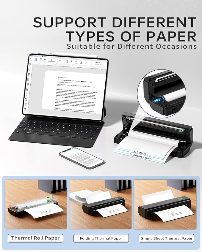 Portable Printers Wireless for Travel, N80 Wireless Thermal Printer Bluetooth Inkless Printer Support 8.5" X 11" US Letter & A4, Compatible with iOS, Laptop, Android