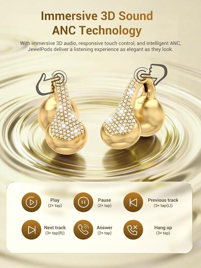 JewelPods C01 Pro Open Ear Headphones,Luxury Jewelry Wireless Earbuds,Gold | Clip-On Wireless Bluetooth Earbuds Secure, Lightweight, Premium Audio-Water Resistant-Up to 72 hrs Play,Gift for Her