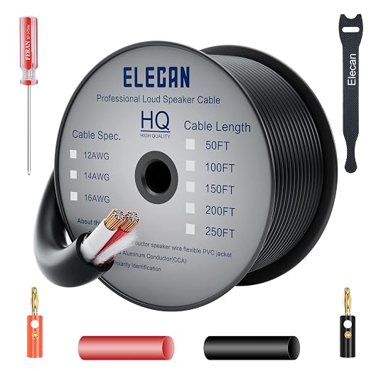 Elecan Pro Series 16/2 Outdoor Speaker Wire Cable 50 Ft 16 Gauge AWG with Tool Kits-Direct Burial in Wall CL3 CL2 Rated-PVC Jacket&Film&Cotton for Home Theater,Car Audio Speaker,Stereos-Black