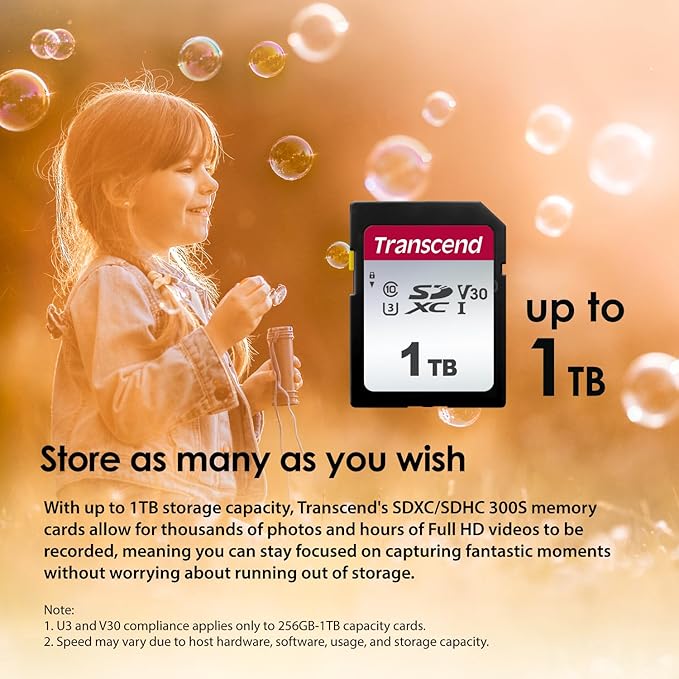Transcend SDC300S 512GB SDXC SD Card, UHS-I U3 V30, 4K UHD & Full HD for DSLR Cameras/Digital Cameras/Trail Cameras/Camcorder, Up to 100MB/s, Class 10 High-Speed Memory Card