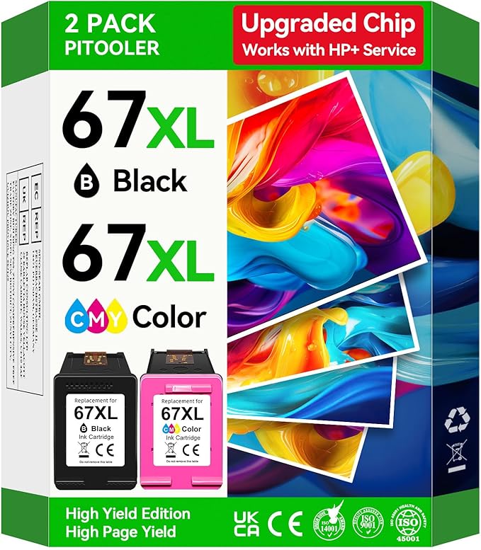 Upgraded Chip 67XL Ink Cartridges Compatible for HP 67 Ink Cartridges Black/Color Combo Pack Work with DeskJet 2855e 2827e 2800e 4255e 2755e 2700 4155e 4227e 2700e 2734e 2852e Envy 6055e 6000 Printer