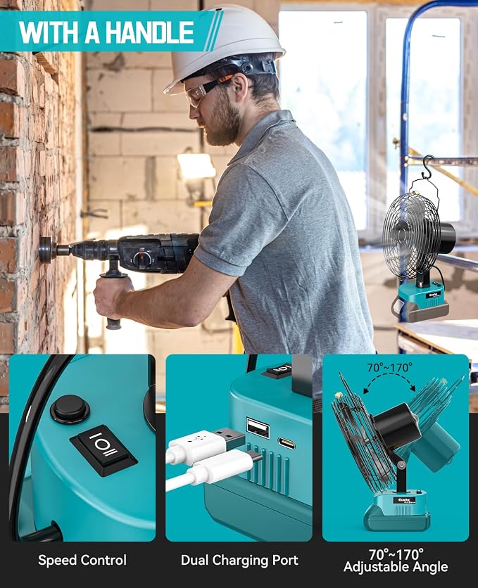 Ecarke Portable Cordless Fan Compatible with Makita 18V (Tool Only) 7 inch Cordless Battery Powered Fan Jobsite Fans With USB A+C Charging for Camping Workshop & Construction Site