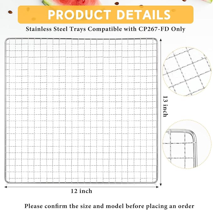 Baderke 13 x 12 Inches Dehydrator Trays Compatible with CP267-FD Only Stainless Steel Dehydrator Drying Mesh Screens Stainless Steel Tray for Drying Fruit Food(4 Pcs)