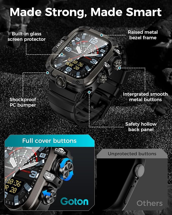 Goton Rugged Case and Band Kit with Screen Protector for Apple Watch 46mm, Compatible with Apple Watch Series 11/10, Full Body Shockproof Metal+PC Bumper Cover with Soft Band, 46mm Black