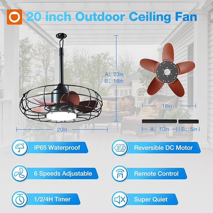 addlon 20 Inch Outdoor Ceiling Fan with Light for Patio, IP65 Waterproof Plug in Caged Hanging Fan, Remote Control, 3000-6000K Dimmable, 6 Speeds Reversible Outdoor Fan for Gazebo, Pergola, Porch