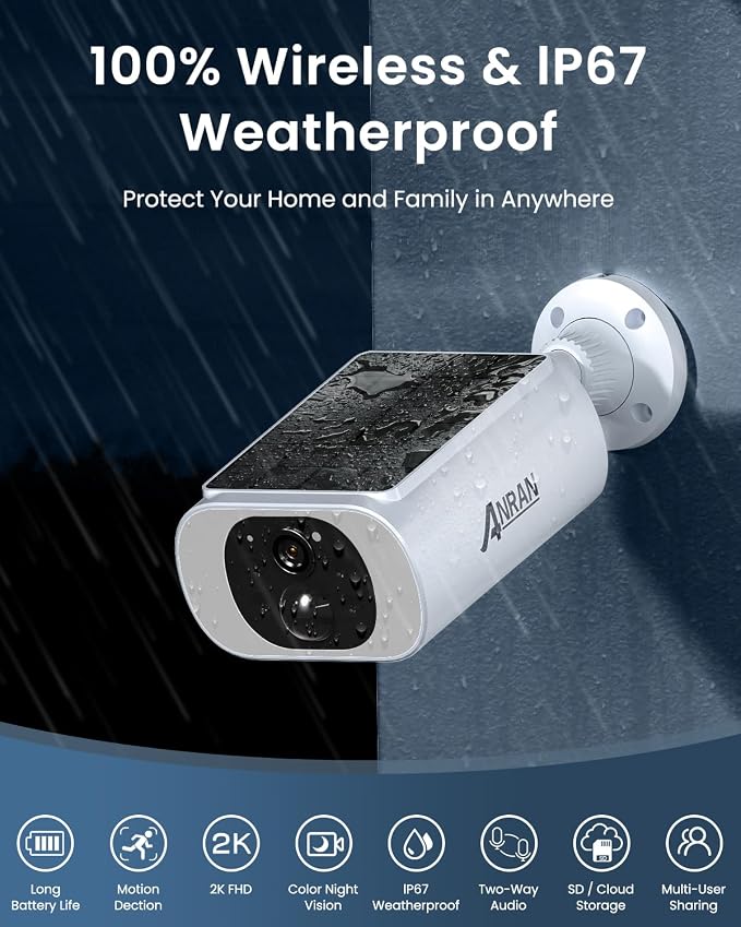 ANRAN 2K Solar Security Cameras Wireless Outdoor, 2.4Ghz WiFi Surveillance Outdoor Camera for Home Security with Embedded Solar Panel, Color Night Vision, 2-Way Talk, IP67 Waterproof, Work with Alexa