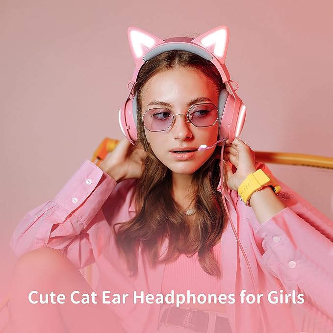 EASARS Pink Gaming Headset GS510, Wired, Over Ear, Cat Ear Design with RGB Lighting, 7.1 Surround Sound, Retractable Mic, Compatible with PC, PS4, PS5