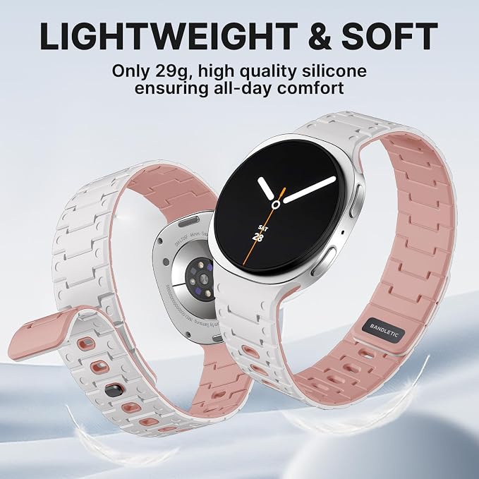 Bandletic Silicone Magnetic Band Compatible with Samsung Galaxy Watch 8 40mm 44mm / 8 Classic 46mm 2025, No Gap Soft Sport Wristbands Breathable Replacement Strap for Men Women, White/Pink