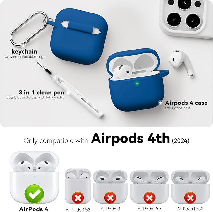 for AirPods 4 Case 2024 Come with Cleaner Kit,Soft Silicone Protective Cover for Apple AirPods 4th Generation Cases with Keychain,Compatible with AirPod 4 Case for Women Men-Lake Blue