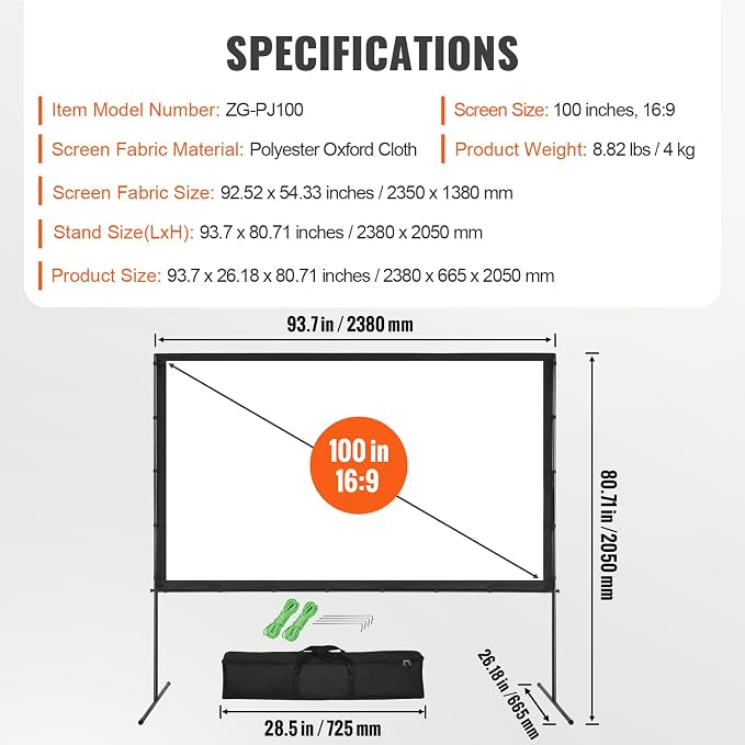 VEVOR Projector Screen with Stand, 100 inch 16:9 4K 1080 HD Outdoor Movie Screen with Stand, Wrinkle-Free Projection Screen with Bar Feet and Carry Bag, for Home Theater Cinema Backyard Movie Night
