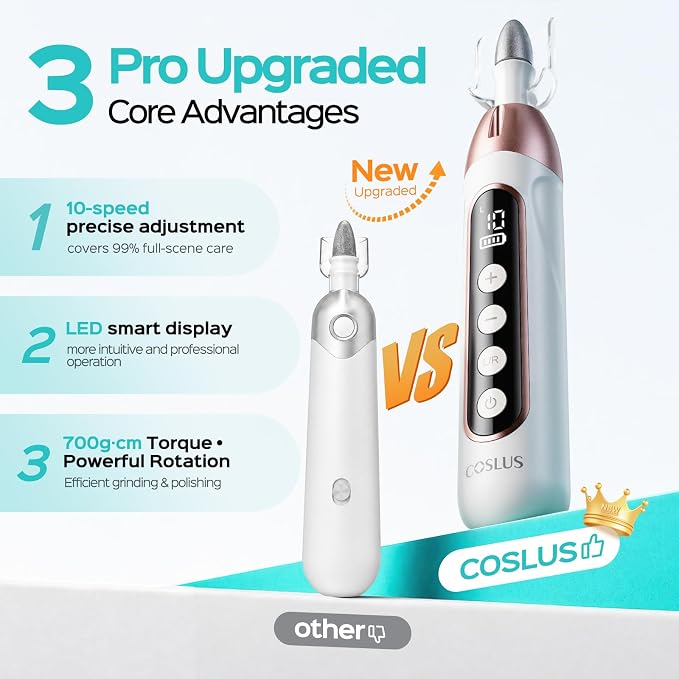 COSLUS C60 Professional Pedicure Manicure Kit: Cordless Electric Nail File with 10 Speed & LCD Display, Thick Toe Nail Grinder for Hand Feet, Remove Cuticles, Callus for Men Women Seniors, Home Salon