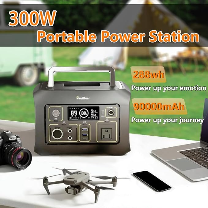 Portable Power Station 300W(Peak 500W),288Wh (90,000mAh) Solar Generator with 110V Pure Sine Wave AC Outlet,lifepo4 battery portable power bank for Outdoor Camping, Traveling,and Emergencies