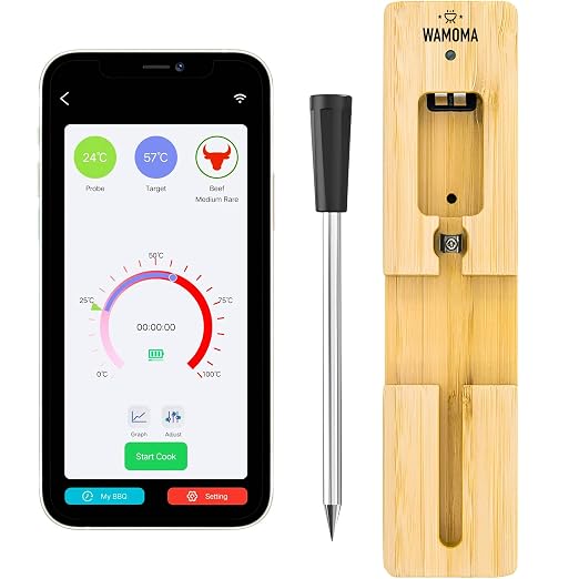 Smart Wireless Meat Thermometer - IPX7 Waterproof Ultra-Thin Probe | Bluetooth App-Controlled Digital Food Thermometer for BBQ Smoker, Kitchen Grilling Oven & Rotisserie with 165ft Range
