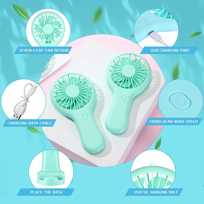 Woanger 12 Pcs Mini Handheld Fan Bulk 3 Speed USB Electric Battery Operated Small Portable Pocket Fan with Data Cable Mounting Base Summer Gift for Wedding Camping Travel (Green)