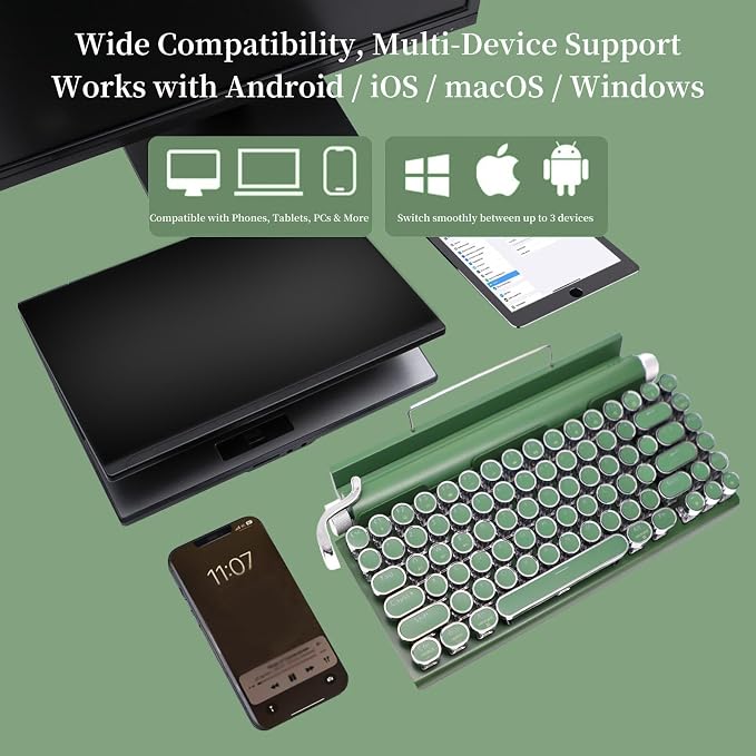 Adventurers Retro Typewriter-Style Mechanical Keyboard, 83 Keys, 75% Compact Layout, Bluetooth 5.0 and Wired, Hot-Swappable Blue Switch, White Backlit for Windows/Mac/iPad/PC/Laptop (Dark Green)