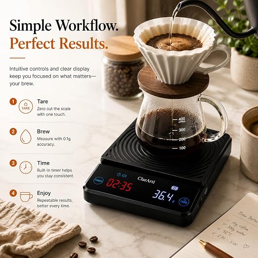 Coffee Scale with Timer – 0.1g Precision Espresso Scale for Pour Over & Espresso, Auto & Manual Timer, USB-C Rechargeable, Water-Resistant