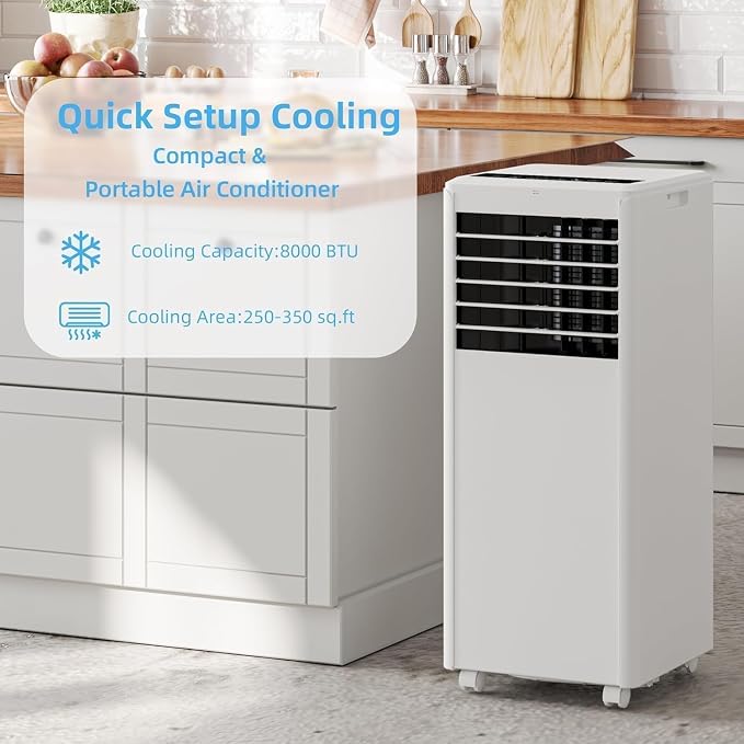8000 BTU Portable Air Conditioner – 3-in-1 AC Unit with Cooling, Dehumidifier & Fan, Quiet Operation, 24H Timer, Remote Control & Window Kit – Covers Rooms Up to 350 Sq ft – White