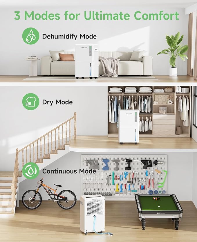 1500 Sq.ft Dehumidifier for Basement, Trazico Max 21 Pint/Day Dehumidifiers for Home, Large Room, Bedroom with Drain Hose, Quiet Smart Humidity Control, 3 Modes, 24H Timer, Auto Defrost