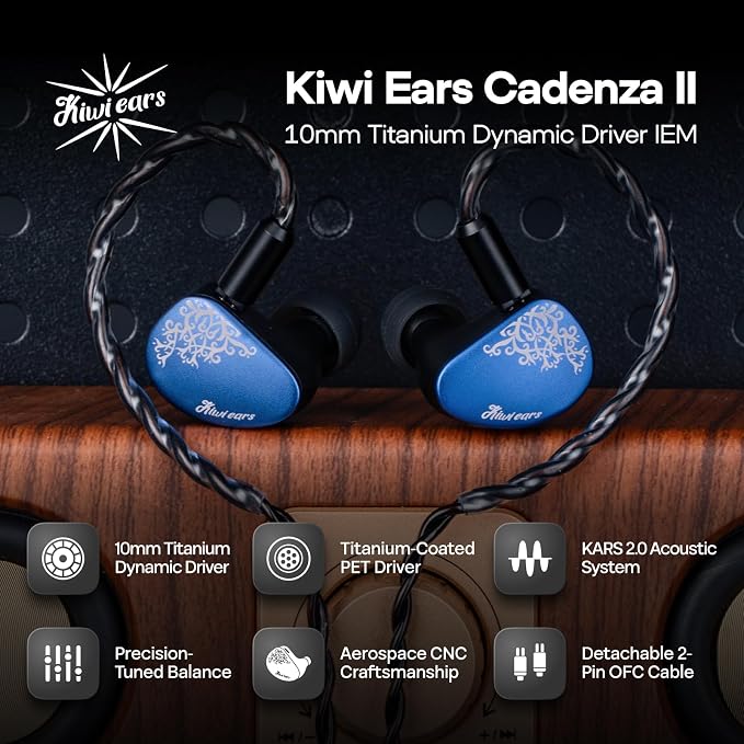 Kiwi Ears Cadenza II in Ear Monitor, 10mm Titanium Dynamic Driver IEM Earphone with KARS 2.0 for Precise Tonal Balance - CNC Aluminum Panel with Detachable 2-Pin Cable for Musicians (Blue)