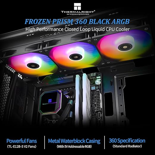 Thermalright Frozen Prism360 Black ARGB CPU Liquid Cooler,Efficient PWM Controlled Pump 3300RPM,3×TL-E12 Series PWM Fan,Water Cooling Computer Parts,for AMD AM4/AM5,Intel 1150/1151/1200/1700/2011