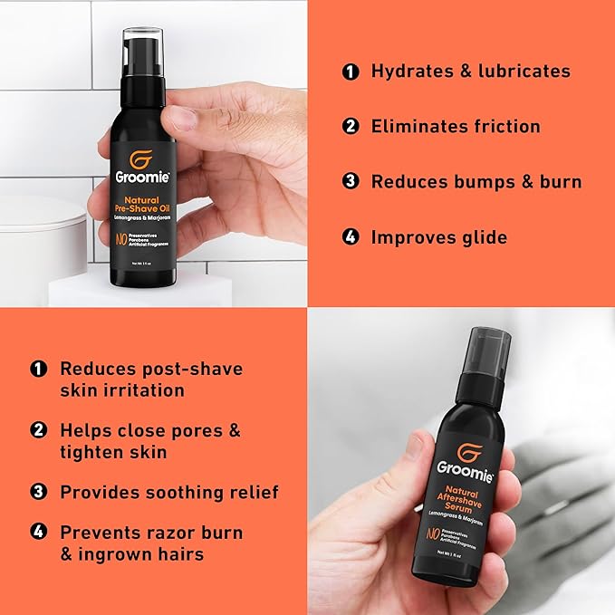 GROOMIE No Hair, Don't Care Bundle - 5D BaldiePro Electric Head Shavers for Bald Men, Natural Pre-Shave Oil to Promote Close Shave, & Natural Aftershave Serum - Mens Head Shaver Kit w/Electric Razor