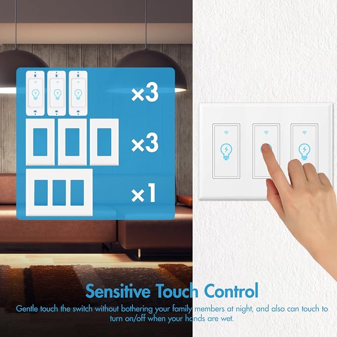 Micmi WiFi Light Switch, Alexa & Google Home Compatible, Timing Function, 3 Gang Smart Touch Switch
