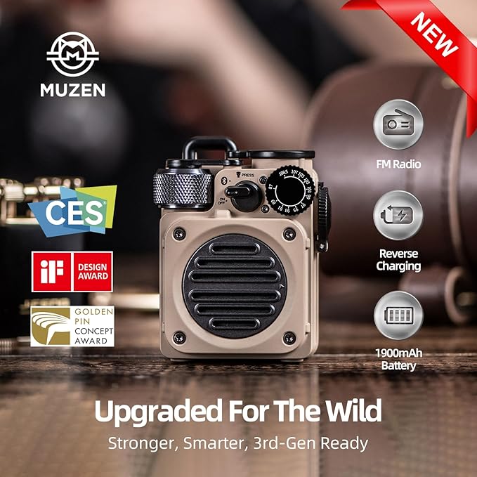 Muzen Upgraded Wild Mini 3.0 Outdoor Portable Wireless Bluetooth Speaker with FM Radio, Phone Charger/15H Playtime/IPX5 Waterproof/3 Mode Flashlight, Rugged Gear for Man Camping/Hiking/Travel(Yellow)