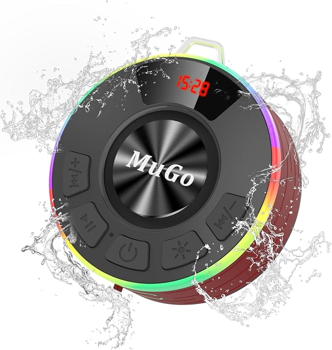 MuGo Bluetooth Shower Speaker, 360° HD Stereo Sound, IPX7 Waterproof Wireless Speaker Bluetooth 5.4 with RGB Lights, Suction Cup and Microphone, Small Shower Radio for Home/Party/Outdoor/Gifts
