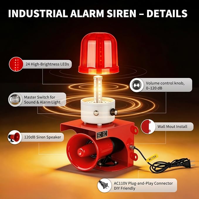 AC110V Industrial Siren Alarm Strobe Light-120dB Loud Horn&Waterproof Red Beacon Warning Light for Emergency,Factory,Fires,Tornado,Intruder Deterrent (AC110V Red Light (Switch,0-120dB))