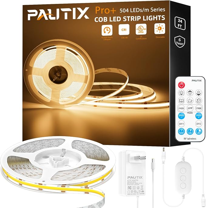 PAUTIX COB LED Strip Light 3780LEDs,Super Bright 8000 Lumen 3000K Warm White 24ft/7.5m,Dimmable 24V LED Tape Light with 3M Tape,RF Remote with Timer Function,48W Adapter,for Bedroom,Home,Kitchen DIY