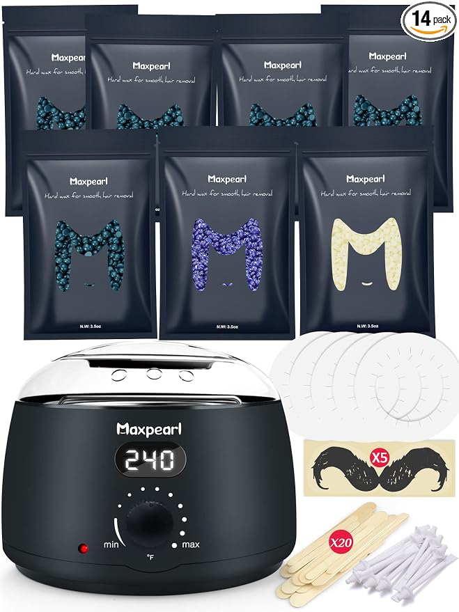 Maxpearl Home Digital Waxing Kit - 7 Packs of Hard Wax Beads for All Over Body Hair Removal + Digital Wax Warmer + Waxing Applicators