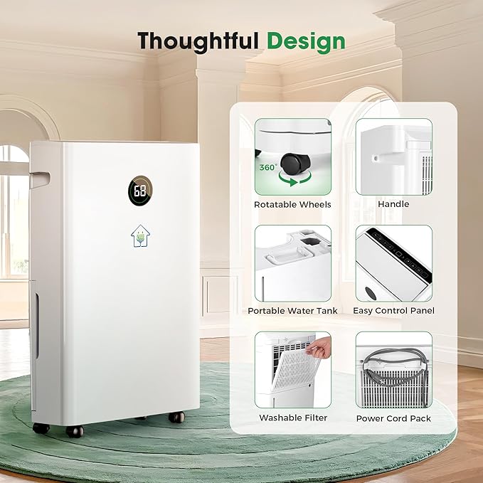 6,500 Sq.Ft Dehumidifier for Basement with Drain Hose, 186 OZ Water Tank, 60 Pint Dehumidifiers for Large Home with Three Operation Modes, Intelligent Humidity Control, 24HR Timer for Bathroom