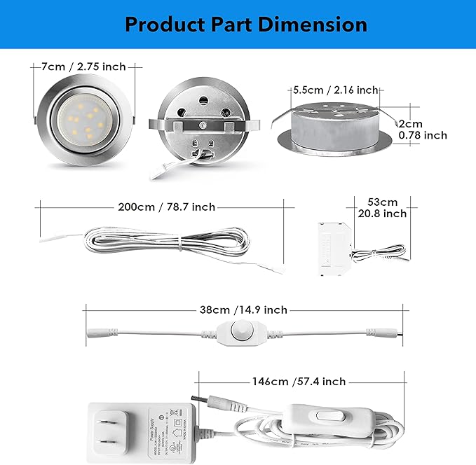 LED Puck Lights Wired Under Cabinet Lighting Dimmable,Recess Mount, Plug In for Display Shelf,Curio,Kitchen Counter Light Fixtures,2.5In Cutout Haogen Retrofit,4000K Natural White,Sliver,3pcs